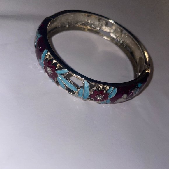 Vintage Cloisonne Enameled Hinged Bangle Bracelet - Picture 1 of 5